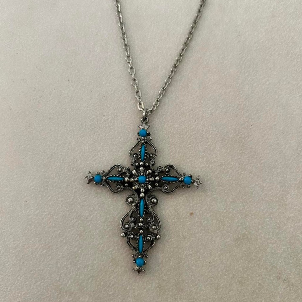 Y2K deadstock chunky sterling silver cross necklace with central turquoise gem